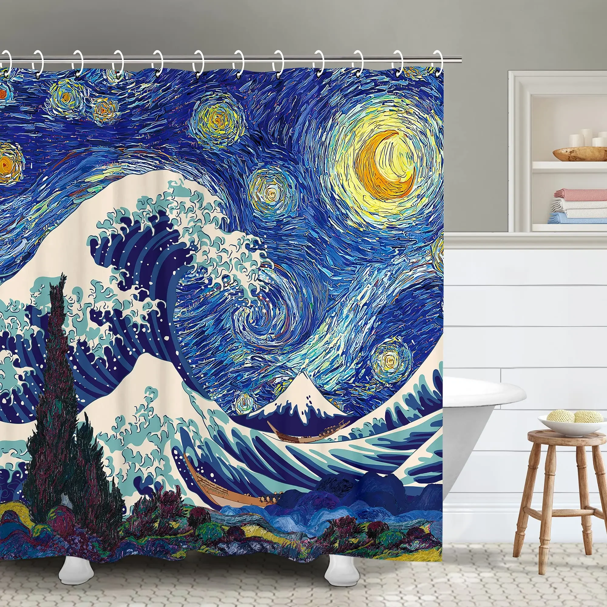 Van Gogh Shower Curtain for Bathroom with Hooks,Almond Blossom Flowers Decor Bathroom Curtains Set, Waterproof Polyester Fabric