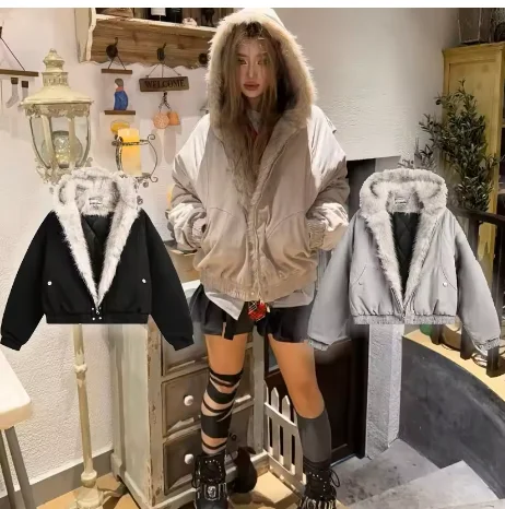 

Y2K зимняя теплая одежда для мужчин и женщин, простое плюшевое пальто в стиле ретро, спортивная одежда, новая свободная кожаная мотоциклетная куртка с меховым воротником в стиле панк, пара