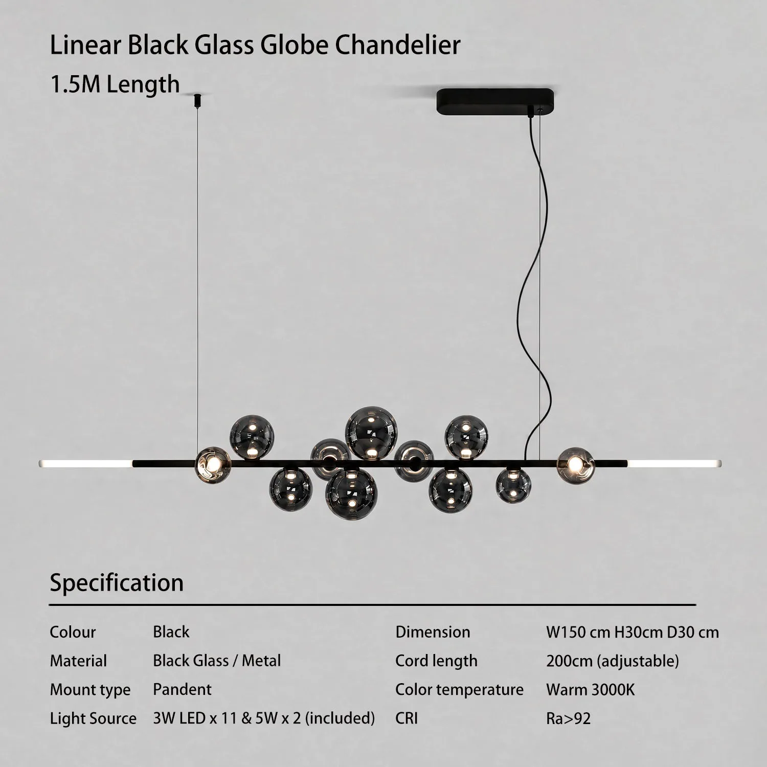 Caren moderne lineaire glazen globe kroonluchter LED keukeneilandlamp 7 verspreide bubbels acryl gloeiende uiteinden eigentijds zwart