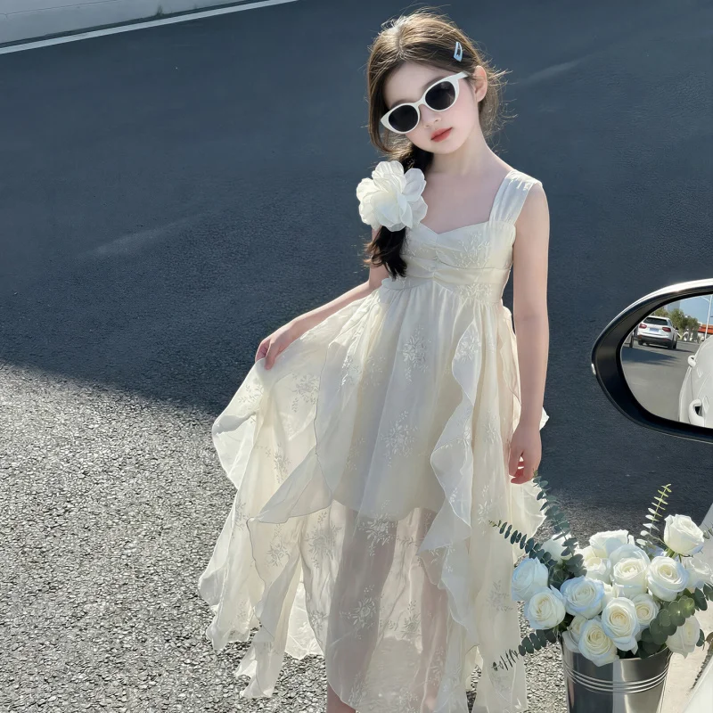 

Children's Summer Dress with Heavy Embroidery, Girls' Sleeveless Dress, Sweet Vacation Mid-Length Dress, Girl's Dress