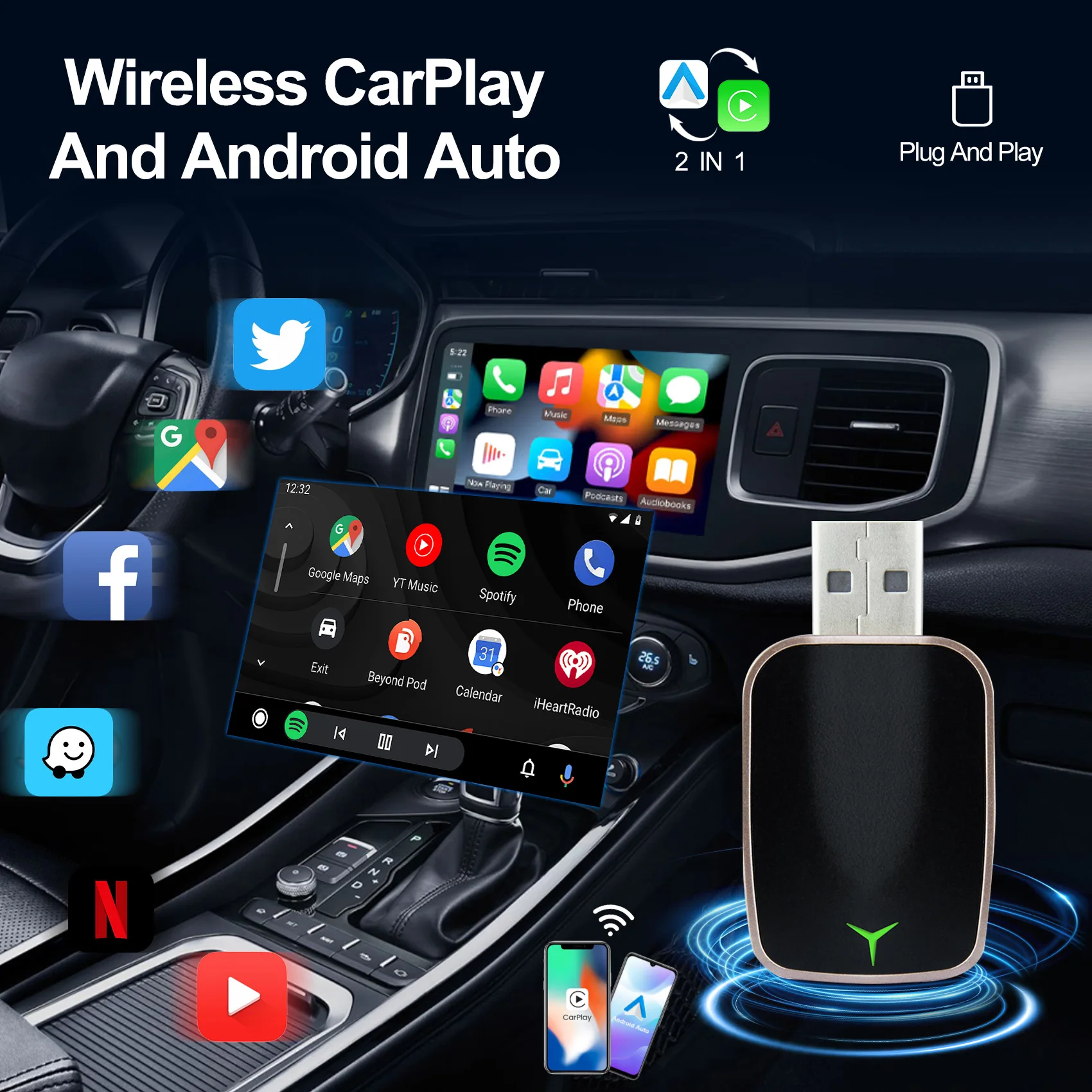 

Wireless Carplay Adapter Android Auto Wireless Smart Dongle 2in1 For Chevrole Benz Audi Kia Hyundai Mazda Cadillac and more