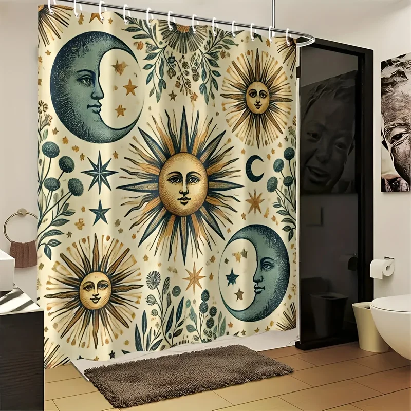 

Bohemian Sun Moon Stars Shower Curtain 72x72 Inch Polyester Washable with Hooks Vintage Botanical Bathroom Decor