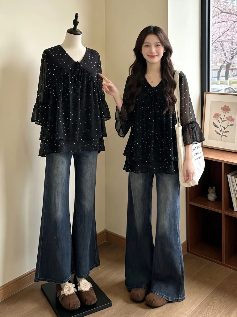 

Black Polka Dot V-Neck Chiffon Top Women's Loose Fit Summer New Style plus Size Fashionable Top Thin Chiffon Casual Wear