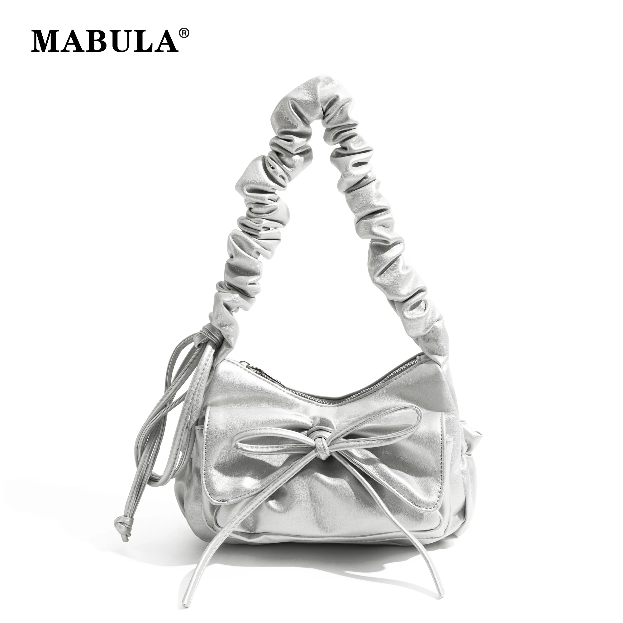 MABULA PU Leather Fashion Women\'s Pleated Bow Axillary Pouch Crossbody Bag Shoulder Bag Purse Travel Shopping Adjustable Strap