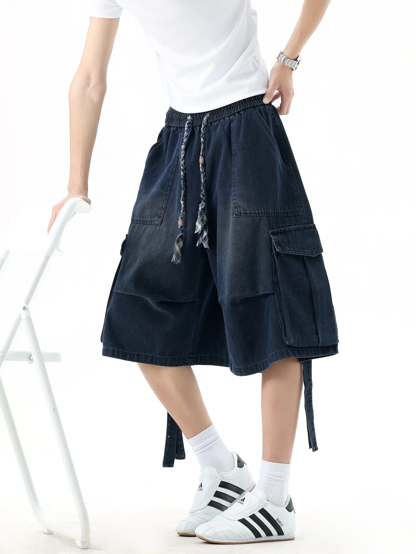

American Style Pleated Deconstructed Sash Workwear Shorts Men Summer 2026 New Loose Slim Wide Leg Five Denim Jeans