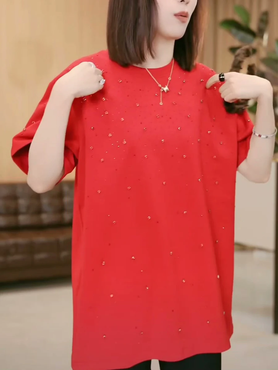 

Korean Sle Heavy Bead Mid-Length T-irt Women's Spring 2025 round Ne ort Sve Loose oulder Faion Top