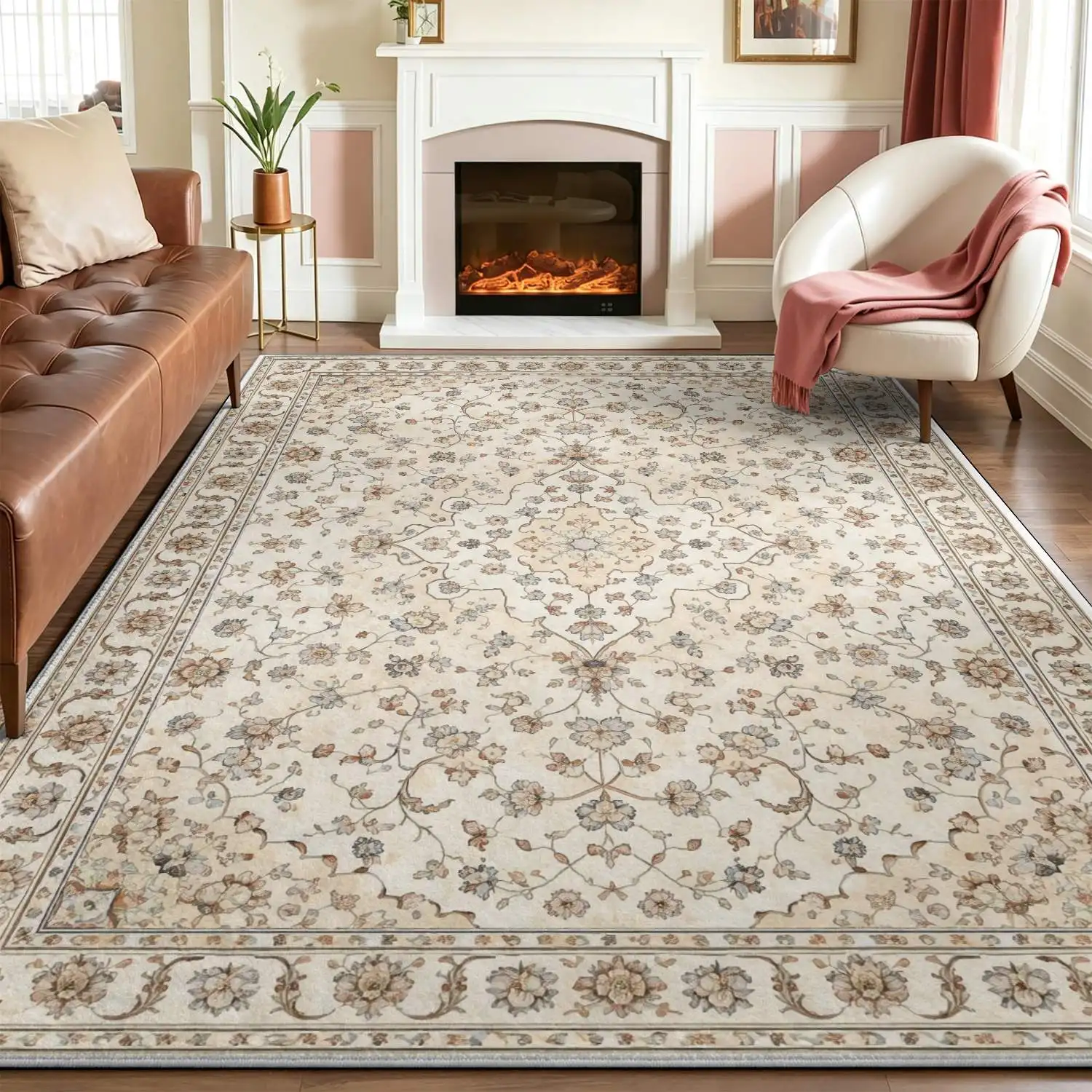 1Pc 2D Printed Beige Retro Floral European/Bohemian Geometric Carpet, Machine Washable, Multi-Size Home Decor Mat for Entryway, Dining Room, Bedroom, Living Room, Foyer