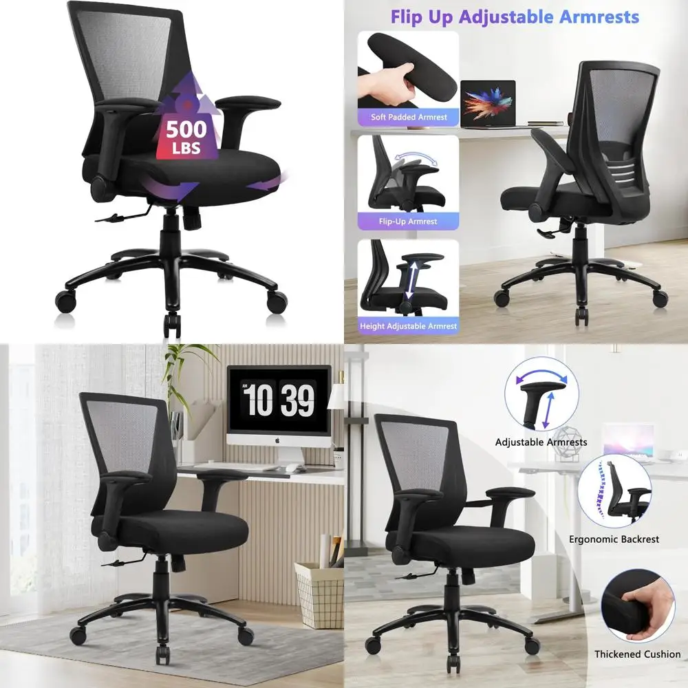 ergonomic heavy-duty office chair for big & tall, 500lbs capacity, flip-up arms, plush seat