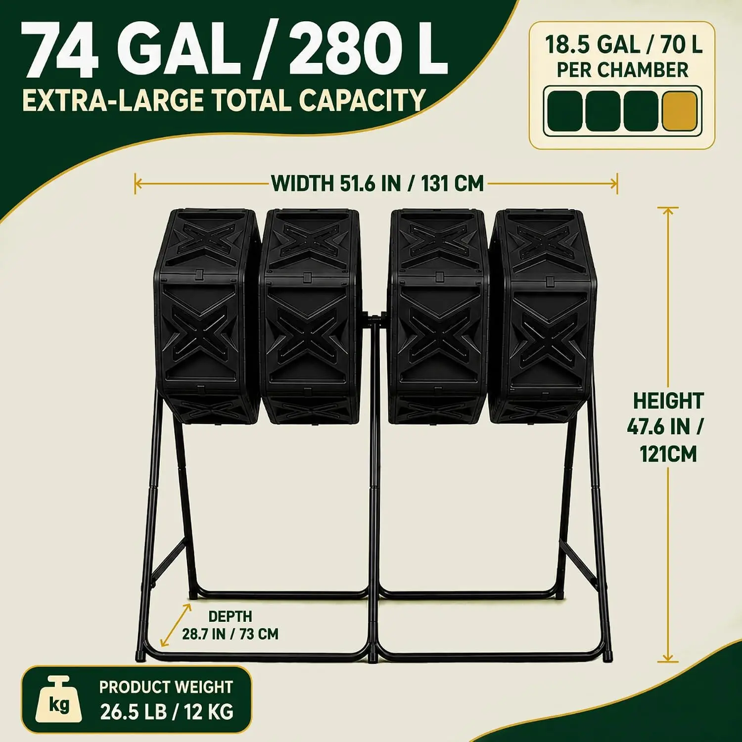 4-Chamber Compost Tumbler Outdoor 74 Gallon 280L, Large Compost Bin, Customized