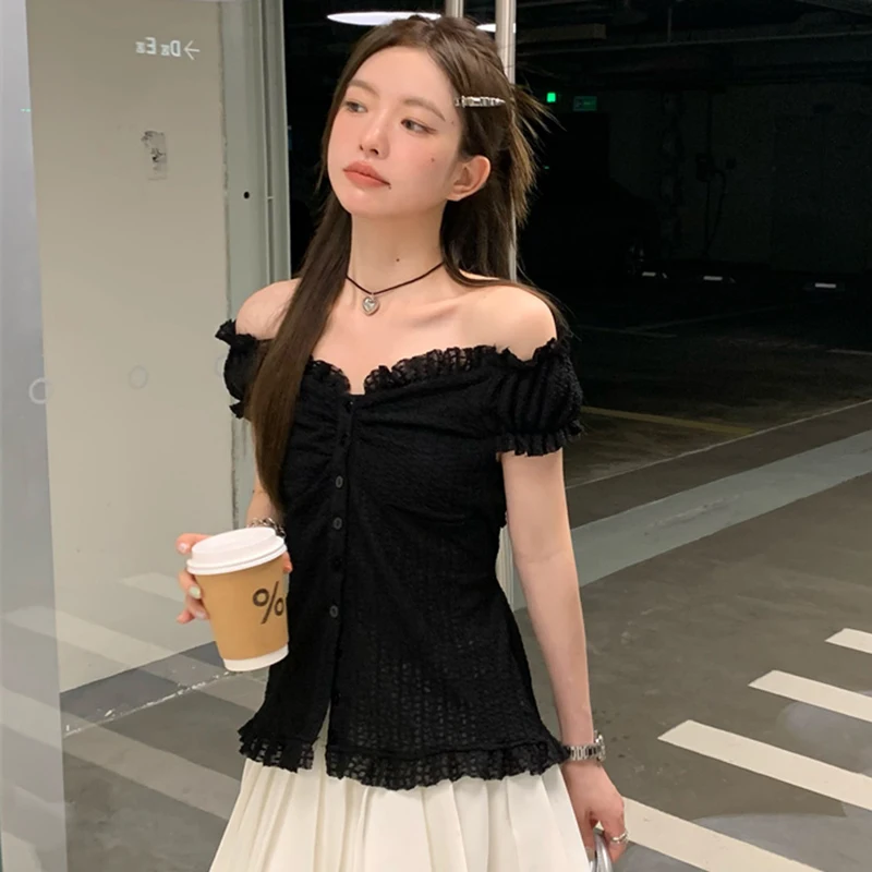 Y2K Sweet Women Shirts Korean Lace Off Shoulder Slim Female Casual Blouse Summer New Puff Sleeve Button Ladies Crop Tops