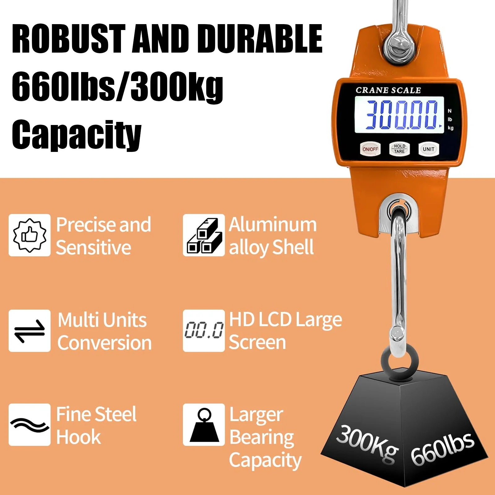 Bilancia digitale sospesa da 660 libbre Custodia in alluminio Palmare 300Kg Mini gru Bilancia Ganci Caccia in fattoria Pesca all'aperto