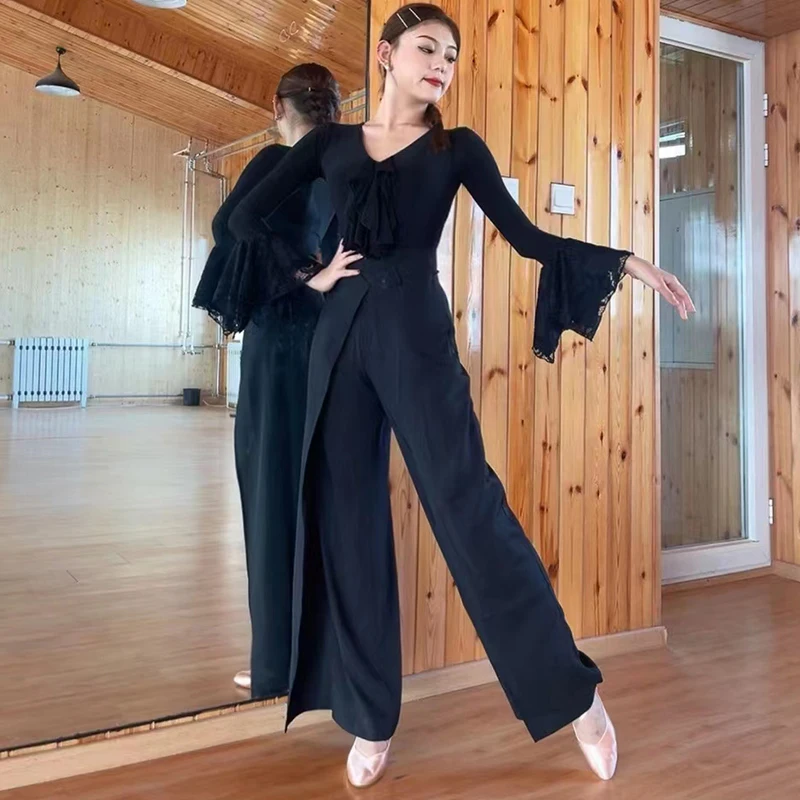 

New Ballroom Dance Clothes Black Lace Long Sleeves Tops Wide-Leg Trousers Women Latin Dance Practice Clothing Waltz Wear BL12087