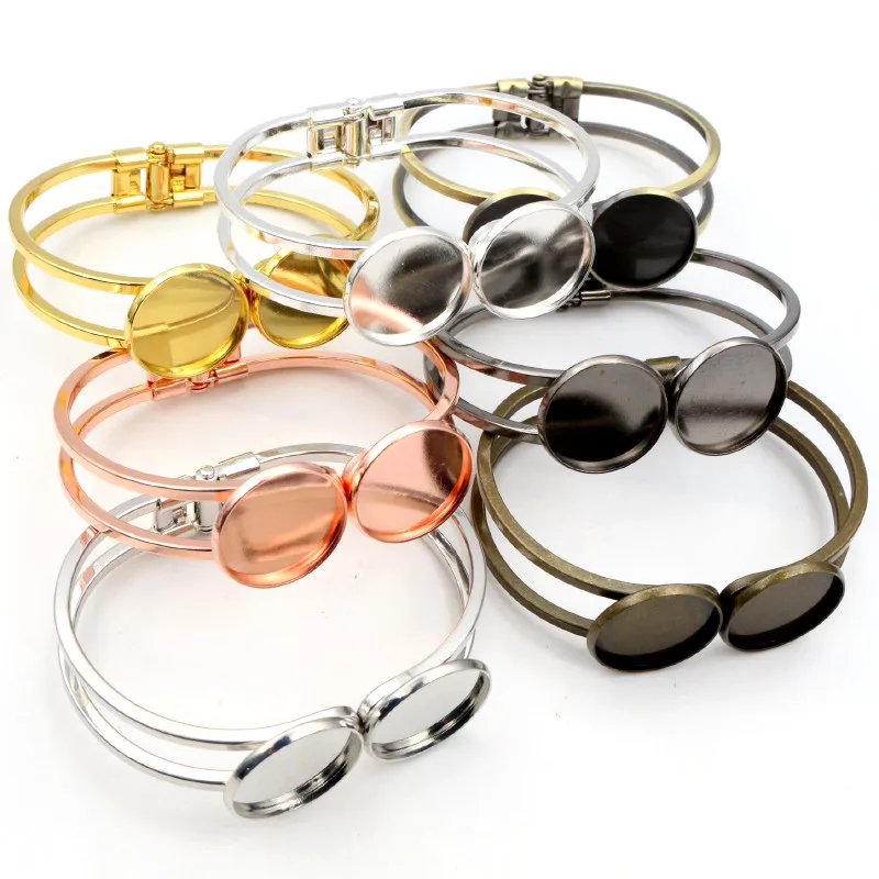 High Quality 20mm Silver Plated Bronze Gun Black Bangle Base Bracelet Blank Findings Tray Bezel Setting Cabochon Cameo