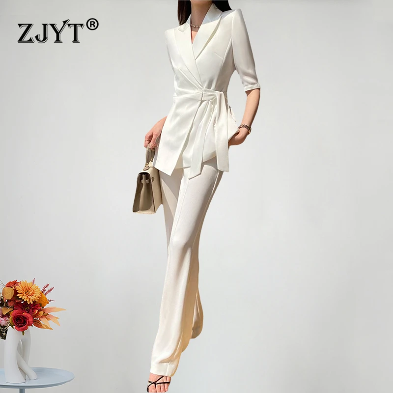 

ZJYT Lace Up Blazer Suits Pant Sets 2 Piece Women Half Sleeve Jacket and Trousers Set White Outfit Spring Summer Work Wear