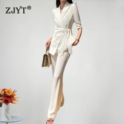 ZJYT Lace Up Blazer Suits Pant Sets 2 Piece Women Half Sleeve Jacket and Trousers Set White Outfit Spring Summer Work Wear