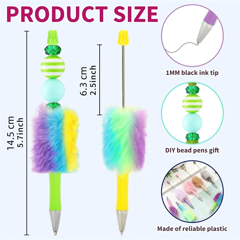 18Pcs Fluffy Beadable Pen 18 Colors Fuzzy Plastic Bead Ballpoint Pen Multicolor Retractable Beaded Writing Pens for DIY Craft