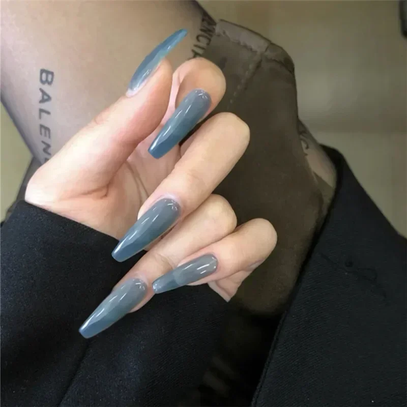 24Pcs/Box Long Coffin Press On Nails Blue False  Tips Full Cover Fake  With Glue Nail Art Super  Nail