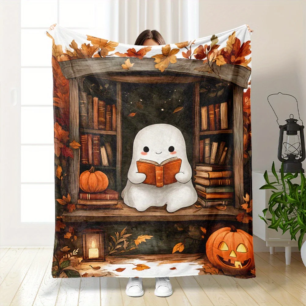 

Halloween Cute Ghost Reading Book Throw Blanket - 1pc, 100% Polyester Knitted Soft Fluffy Plush Throw for Couch, Sofa, Bed
