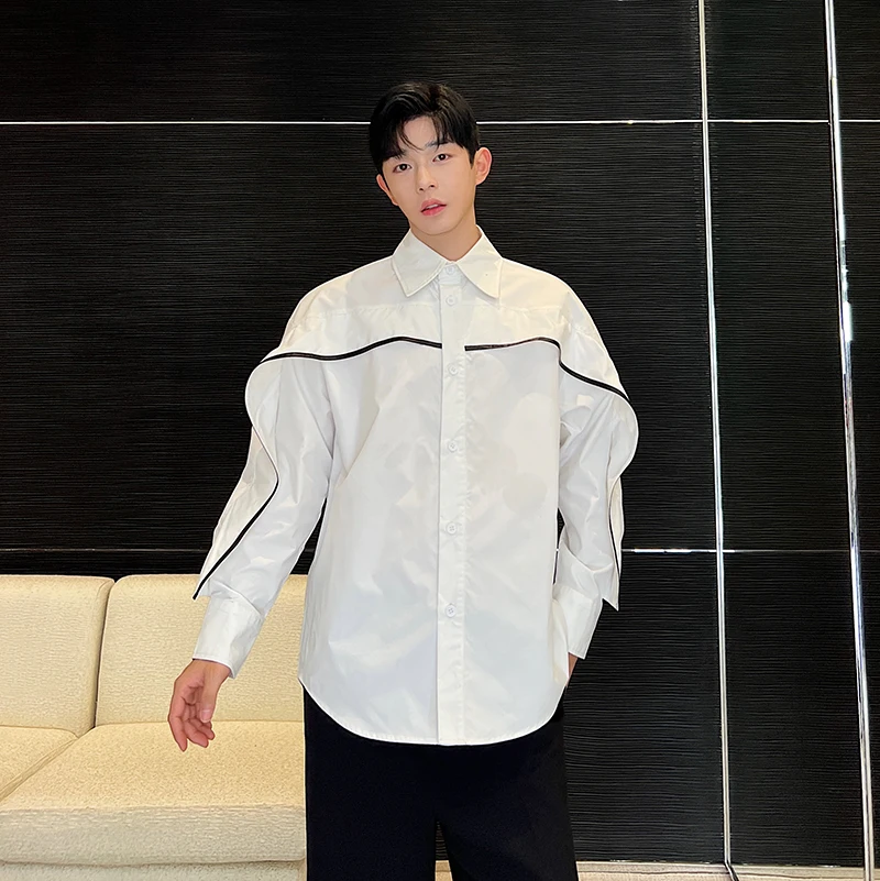 3D Cropping Shirt for Men Korean Streetwear Fashion Show Loose Causal Long Sleeve Vintage Shirts Male Party Shirts Blouses