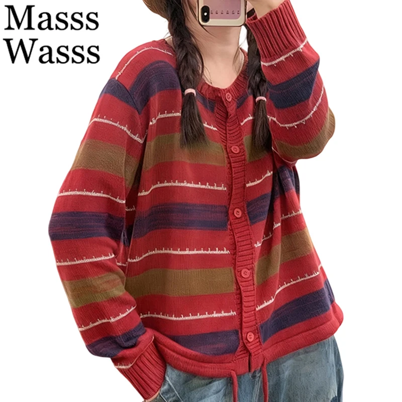 

Mass Wasss модные свободные полосатые кардиганы женские винтажные классические свитера с круглым вырезом женские элегантные зимние хлопковые трикотажные изделия для фитнеса