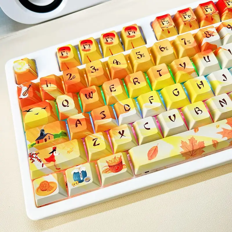 136-Key Keycaps Five-Sided Sublimation Cherry PBT Mechanical Keyboard Yellow Keycaps Autumn Leaves Maple Leaves Autumn Thoughts