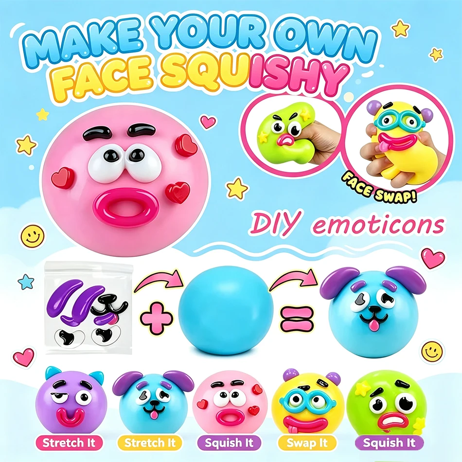 10CM Fun Squeeze Toy DIY Face‑Swap Cute Dog Squishy Toy Stress Relief Sensory Gift Random Face Accessories for Mood Relaxing