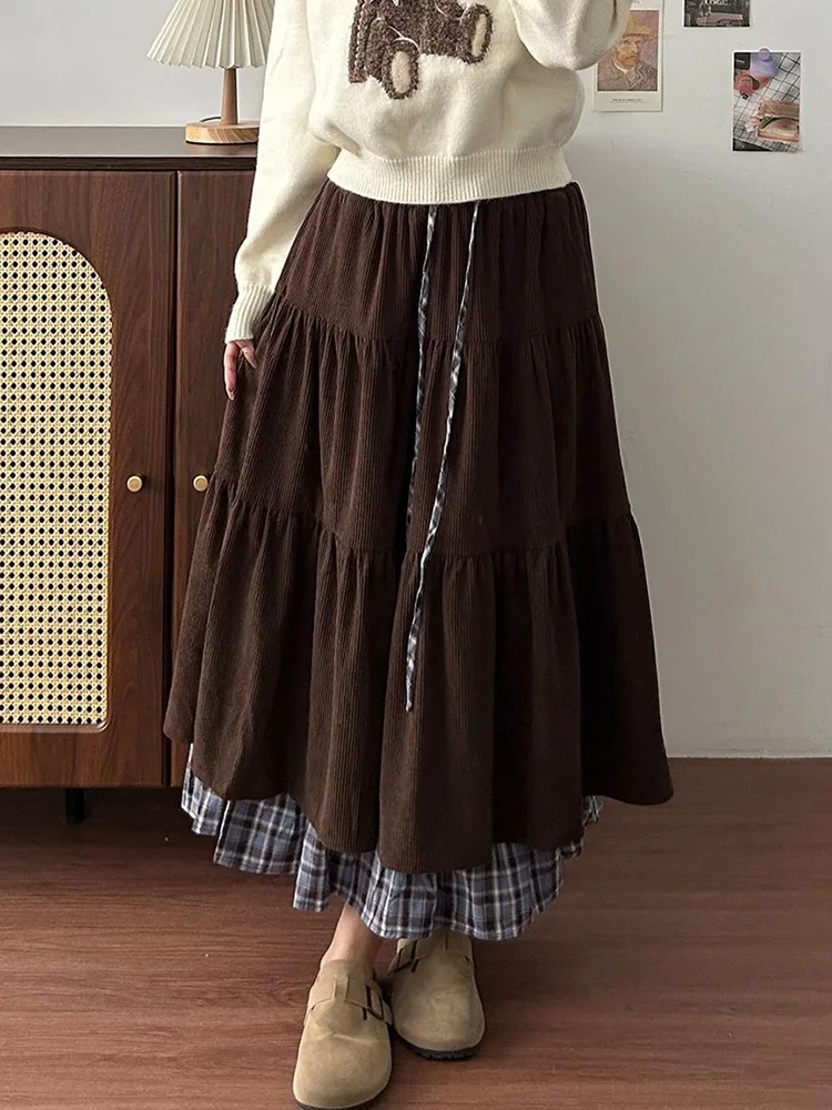 

Korean Sweet Women Corduroy Long Skirt High Waist Loose Preppy Style Cute Skirt Spring Plaid Patchwork Retro Kawaii Long Skirts