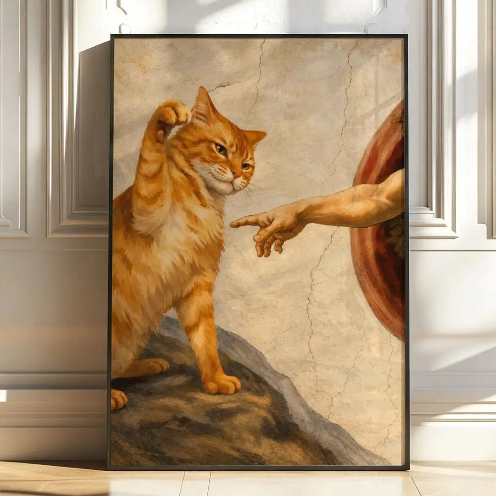 Cat and God's Hand Poster Stickers Painting Self-Adhesive HD Art for Bedroom Living Room Home Decor Wall Decals Gift