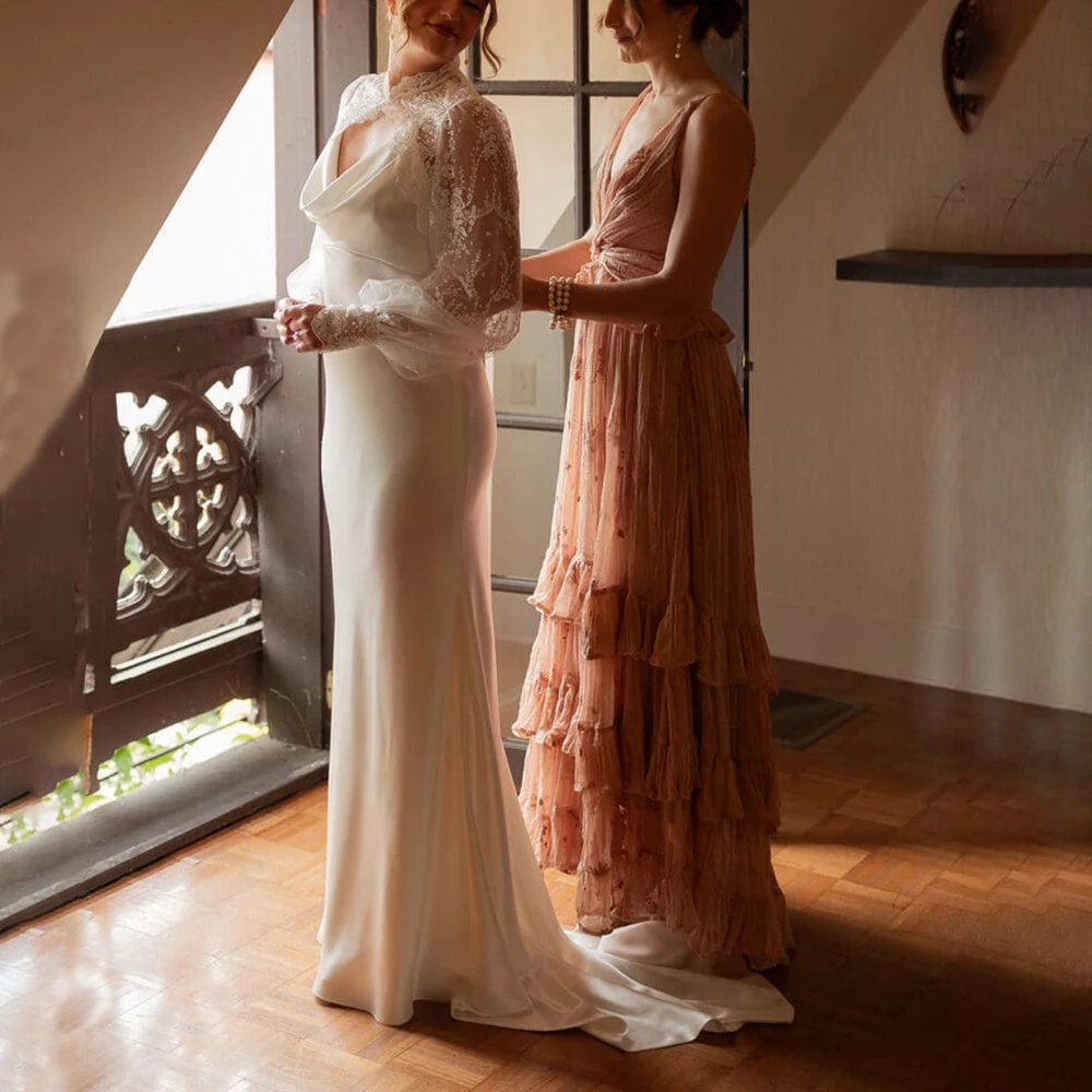 Spaghetti Straps Cowl Neckline Sheath Satin Bridal Gown Customized Long Bishop Sleeves Ivory Lace Bolero Backless Wedding Dress