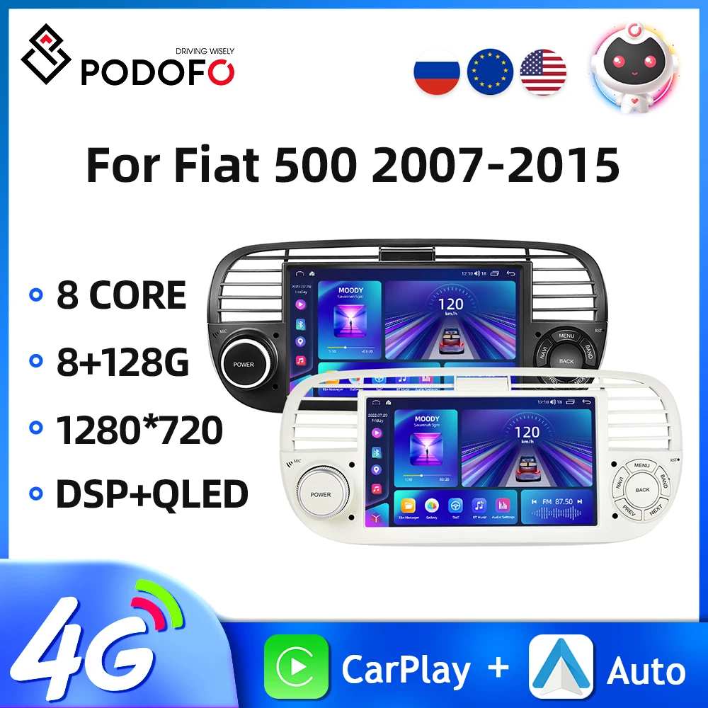 Podofo 7'' Android Car Radio For Fiat 500 2007-2015 Multimedia Player 2Din 8+128G Carplay Android Auto WIFI GPS Navigation DSP