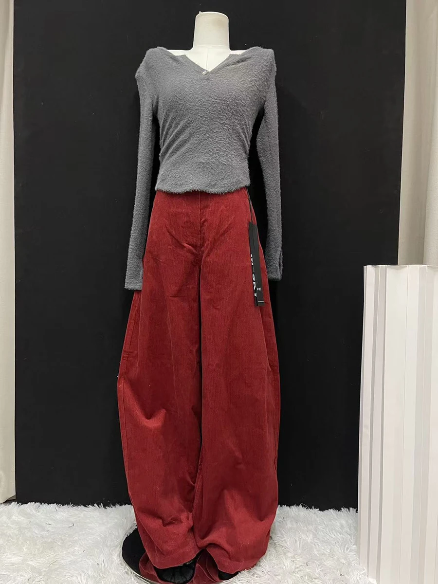 سراويل RORIRI باللون الأحمر الداكن المخملي للنساء بخصر عالٍ وواسعة الساق سراويل قصيرة فضفاضة للنساء ملابس الشارع سراويل طويلة سراويل شتوية