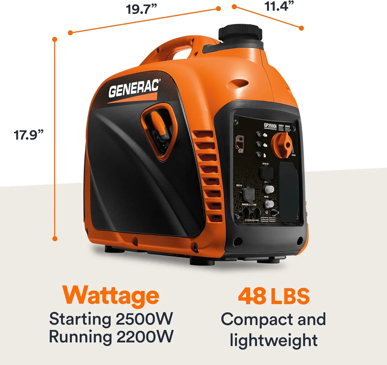 2,500-Watt Gas Powered Portable Inverter Generator - Compact and Lightweight Design - Produces Clean, Stable Power - COs
