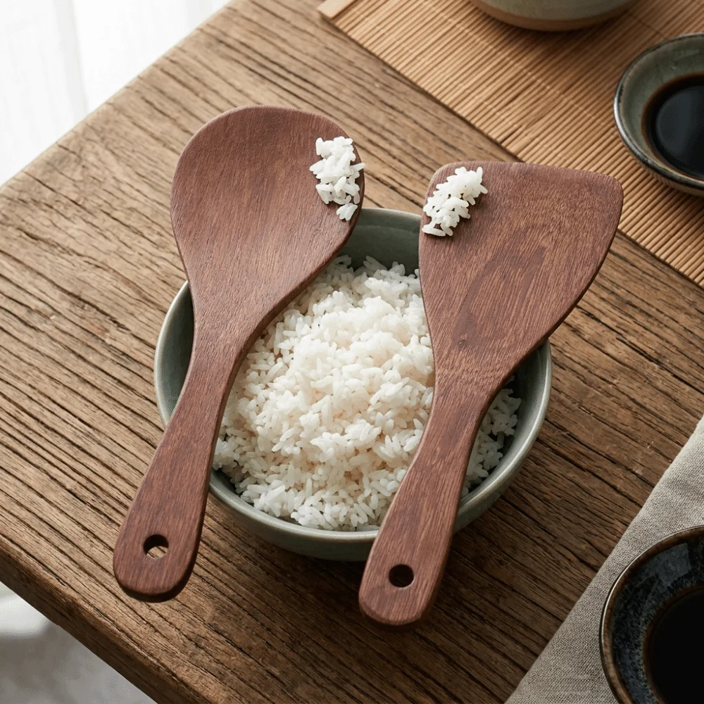 2 Pcs Solid Wood Cooking Spatula Long Handle Smooth Burr-free Rice Paddle Wide Flat Spade Head Lightweight Rice Spatula