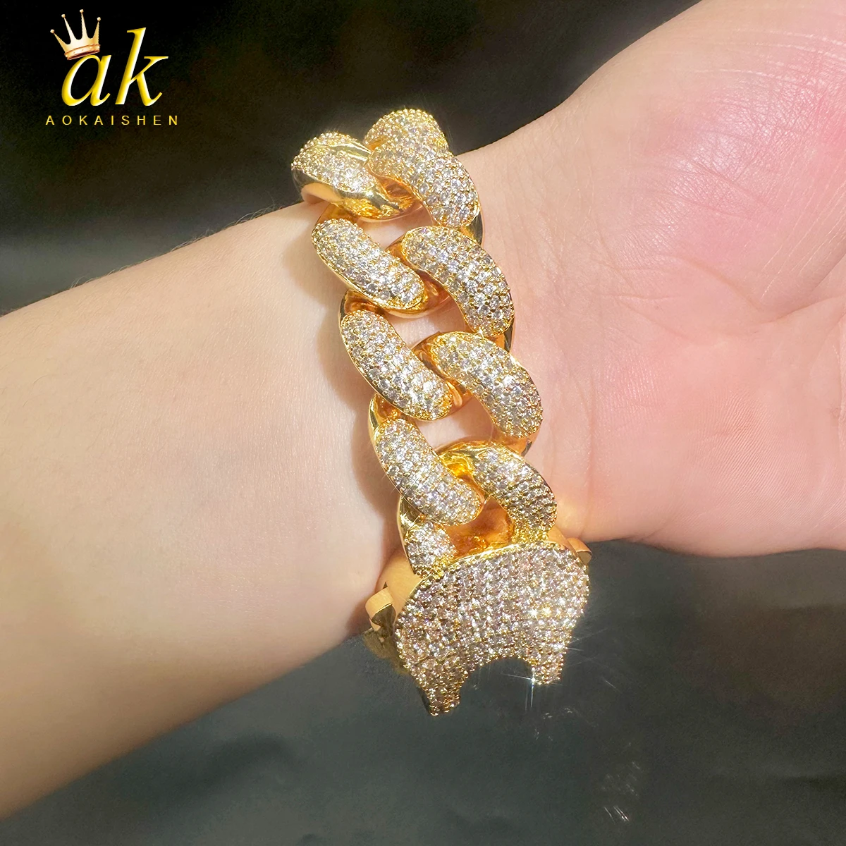 

Aokaishen Cuban Link Bracelet for Women Prong Setting Iced Out Cubic Zirconia Real Copper Hip Hop Jewelry Spring Clasp