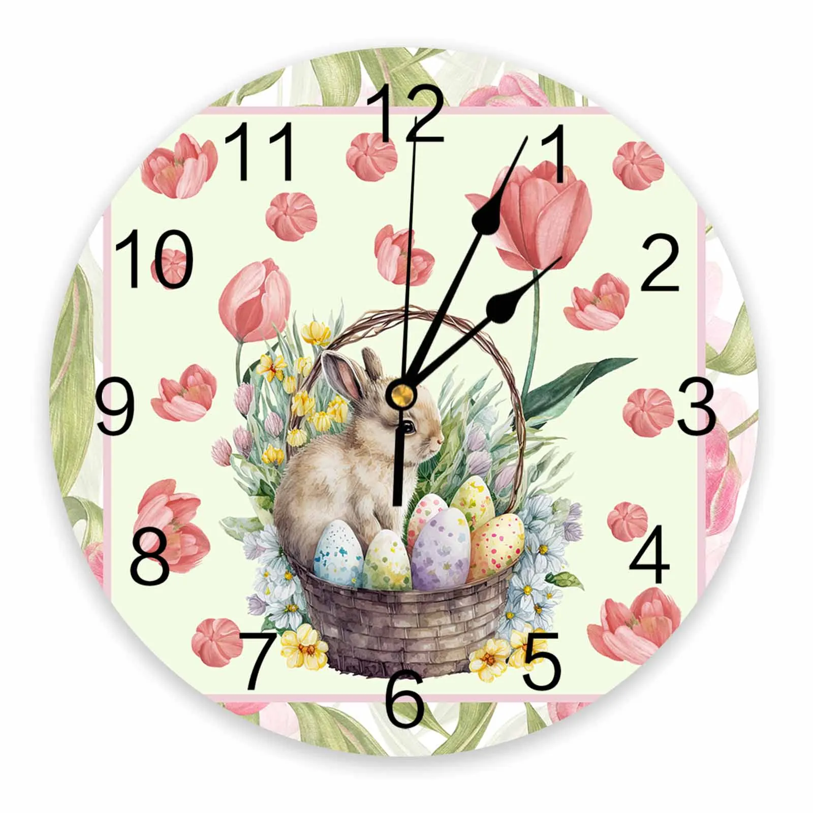 Flower Rabbit Tulip Watercolor Spring Easter Printed Wall Clock Modern Silent Clock Living Room Home Decor Wall Hanging Watch