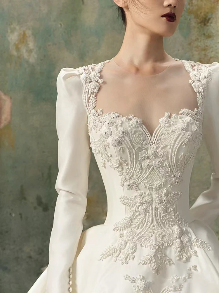 

Silk Satin Long Sve Wedding Dr 2025 New Sle Bride Main Gown High Quali Vintage Entrance Outing Gown Small Stature