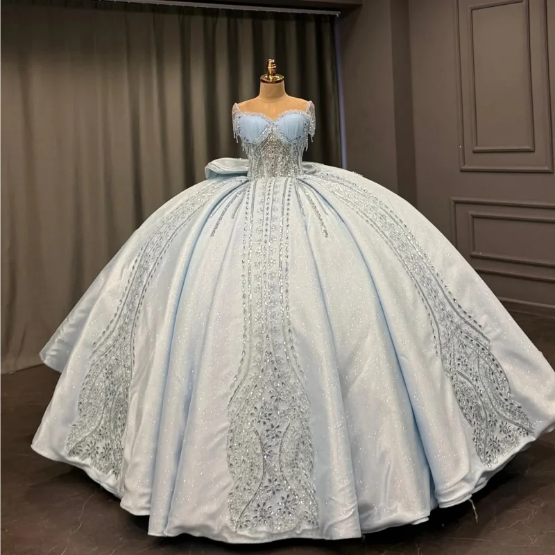 

Shiny light blue Quinceanera Dresses off-shoulder Glitter Crystal Decal Long tail Bead Bow Vestido 15 Quinceanera Customized