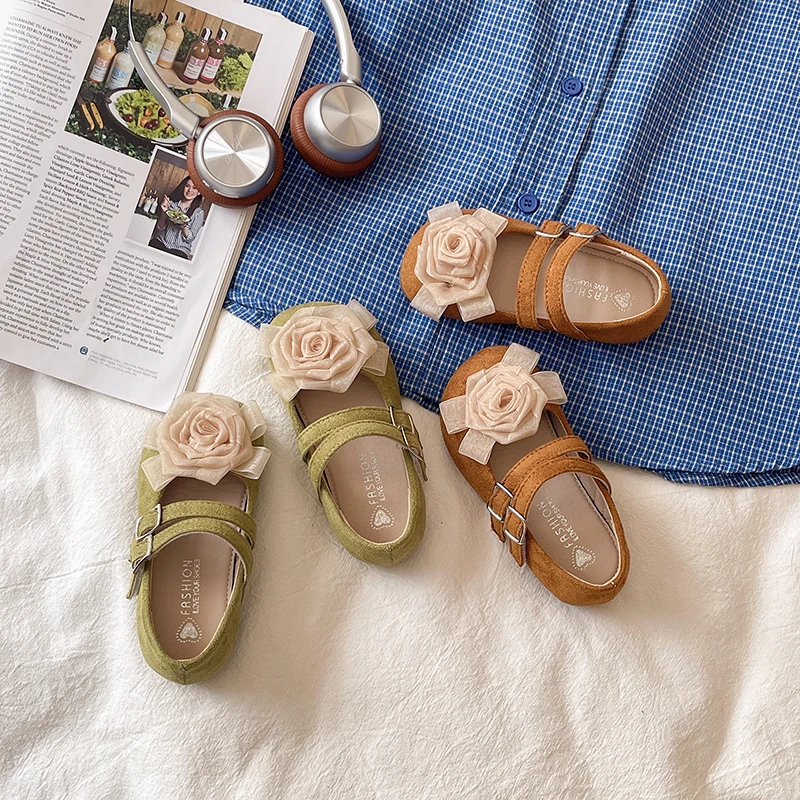 Kids Girls Retro Suede‑Like Mary Jane Shoes 3D Rose Ornament Double Adjustable Buckle Flat Casual Princess Shoes