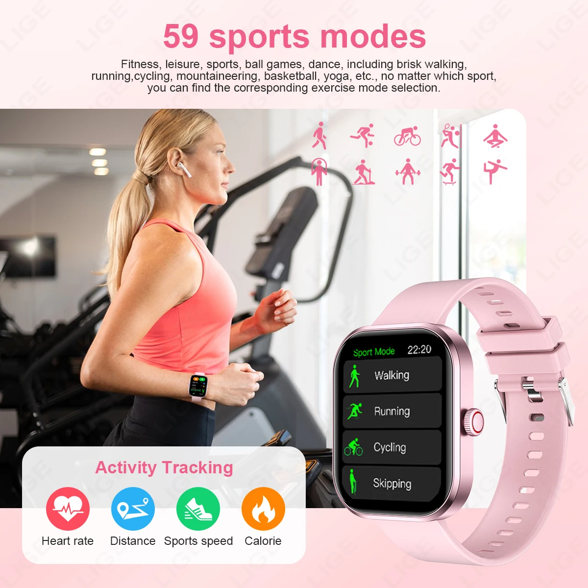 LIGE Smart Watches Ladies Bluetooth Call Sport Bracelet for Android IOS Women‘s Health Monitor Gift Music Clock Smartwatch Pink