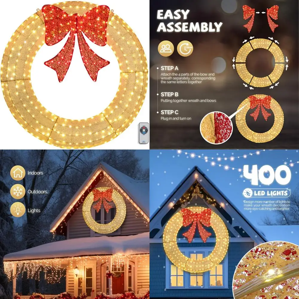 60 Inch Large Outdoor Christmas Wreath with 400 LED Lights, Pre-lit for Garage, Gold Decorative Wreath for Festive Season