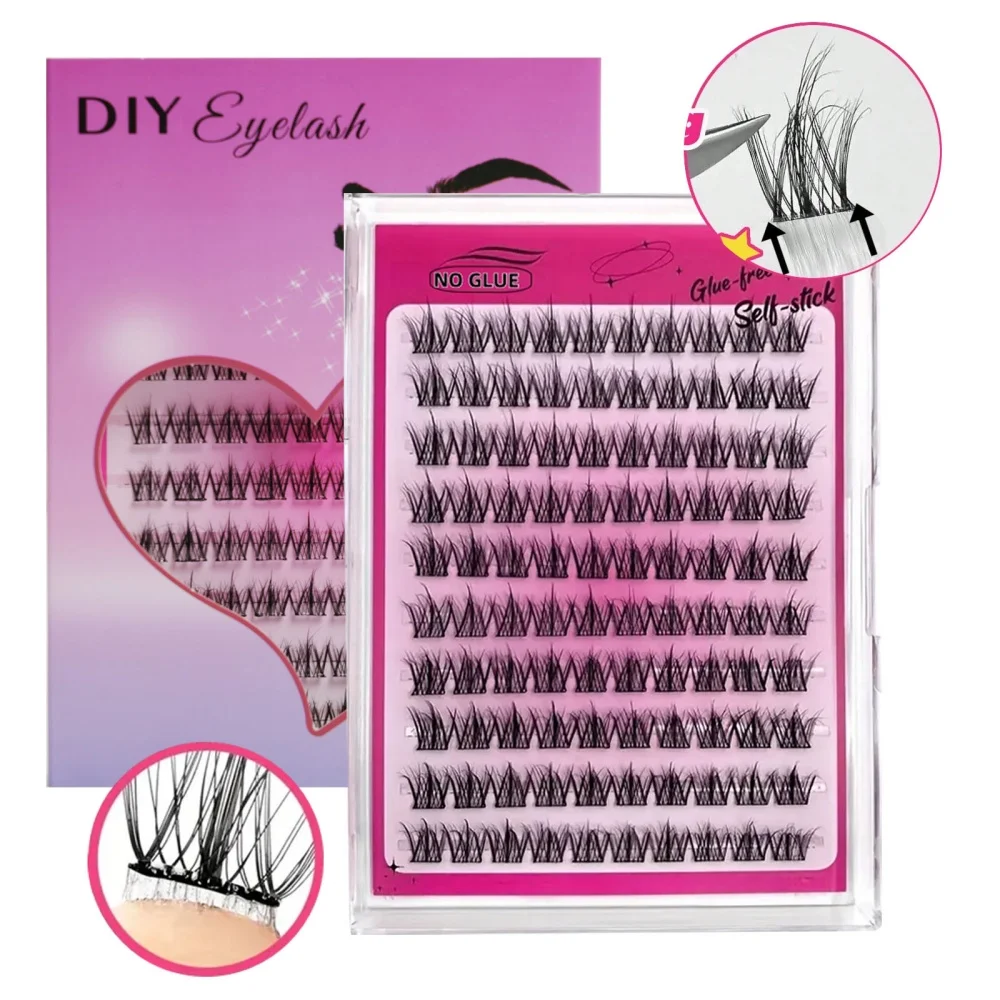 1 box of 100 clusters of glue free false eyelashes, 3D explosive lazy trilogy self-adhesive false eyelashes, glue free and non r