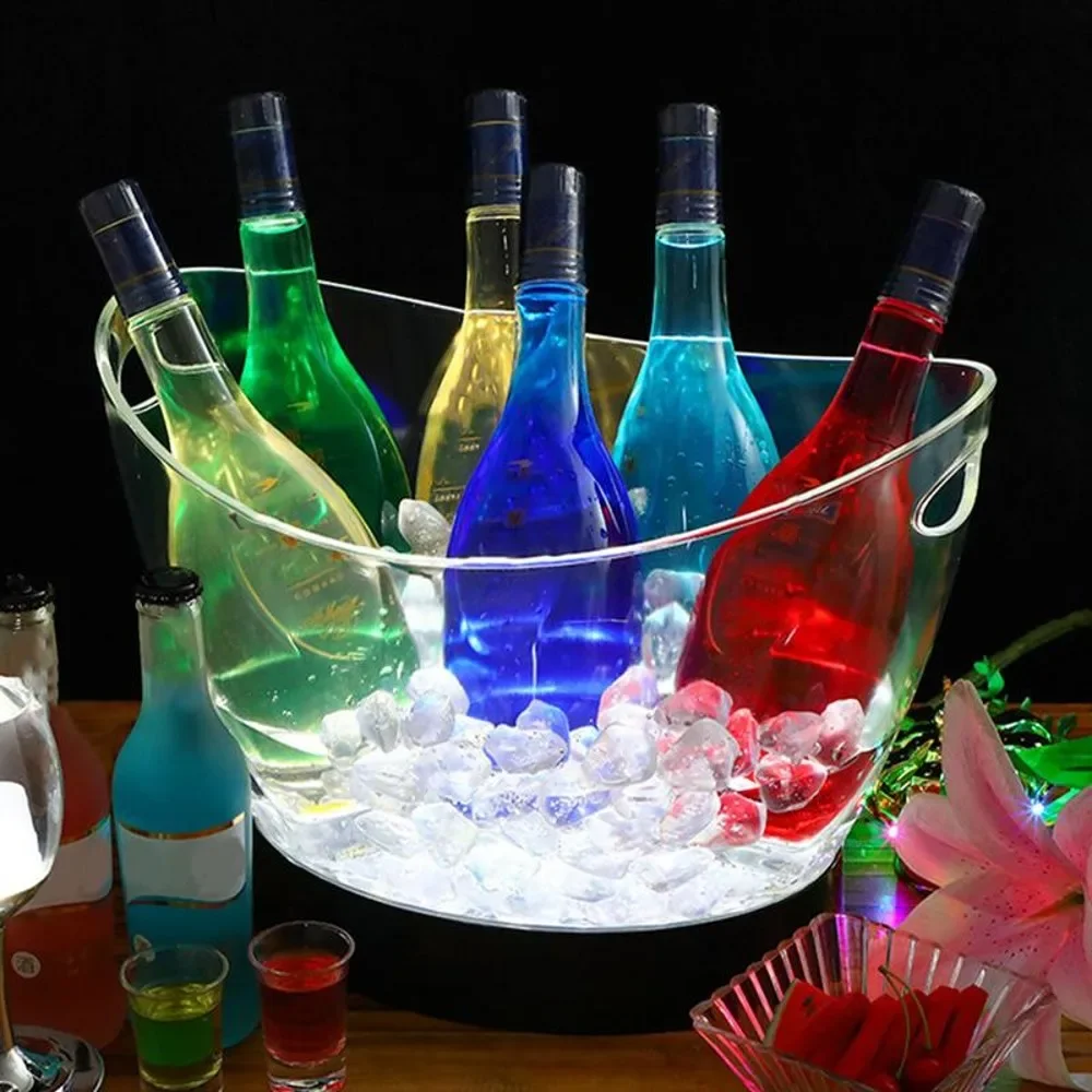 Cubos de almacenamiento de cubos de hielo luminosos LED transparentes, contenedor de enfriador de botellas de cerveza de Bar en forma de barril,