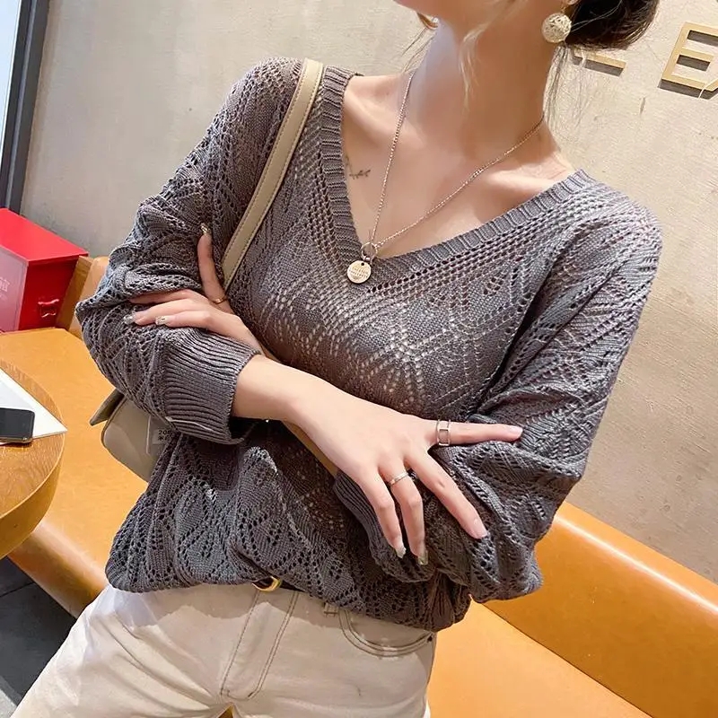 V-neck Hollow Out swetry Knitting Ladies Casual topy jesień cienki temperament t-shirty z długim rękawem seksowna odzież damska 2024