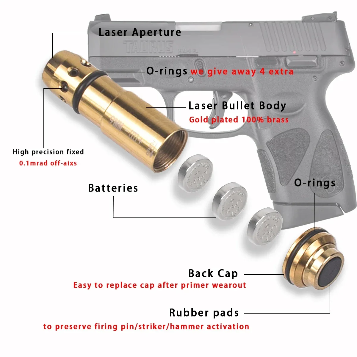 9mm Red Dot Laser Training Bullet 9x19mm/380ACP/38spl/223Rem Dry Fire Laser Trainer Cartridge Hunting Laser Training Bore Sight