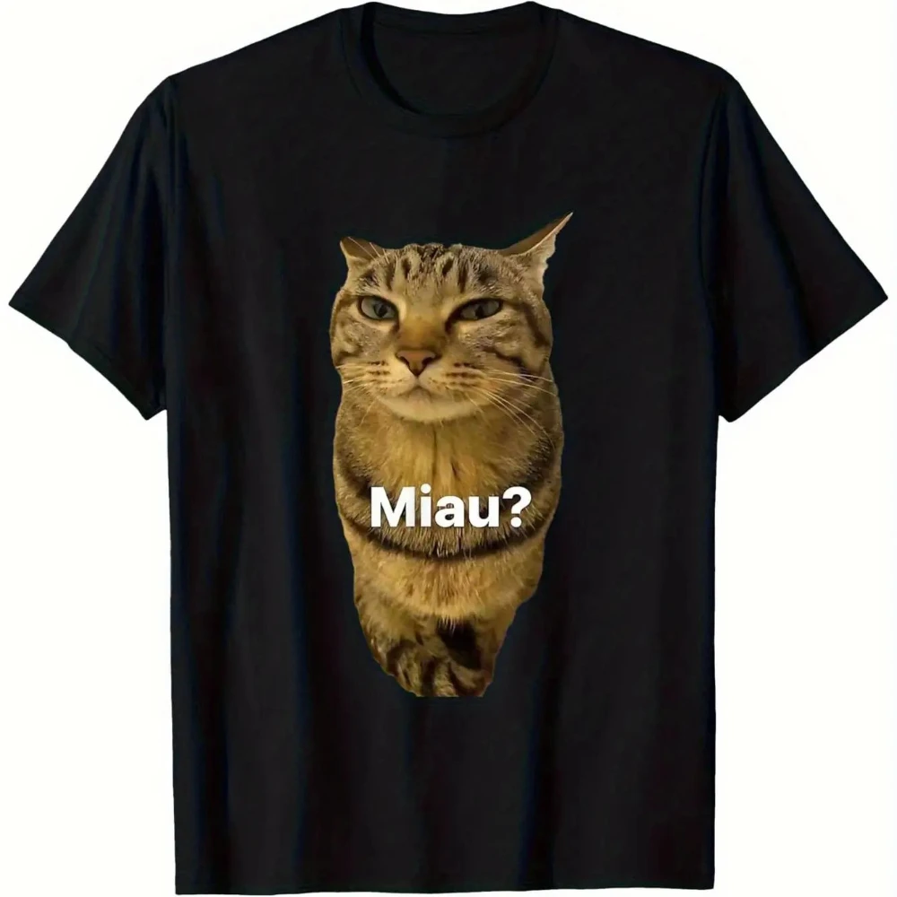 Retro Tabby Cat T-shirt with Cat Face and Meow Pattern, Funny Pet Enthusiast Cat Owner Shirt, Couple Outfit Women's Top T-shirt