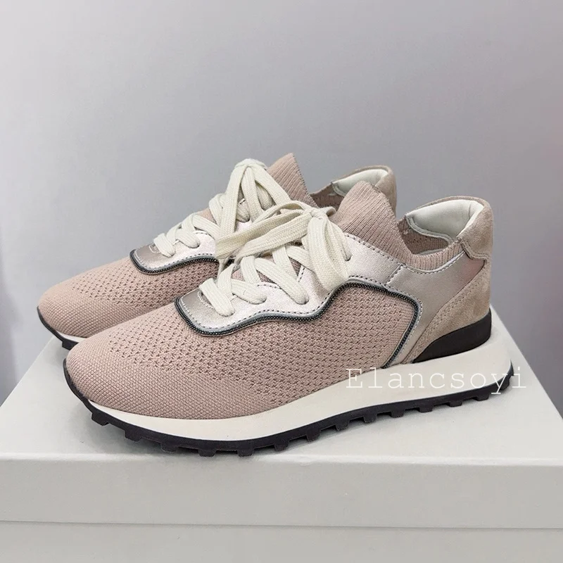 Flat Shoes Women String Bead Knitting Breathable Sneakers Round Toe Patchwork Casual Shoes Thick Bottom Lace Up Running Shoes