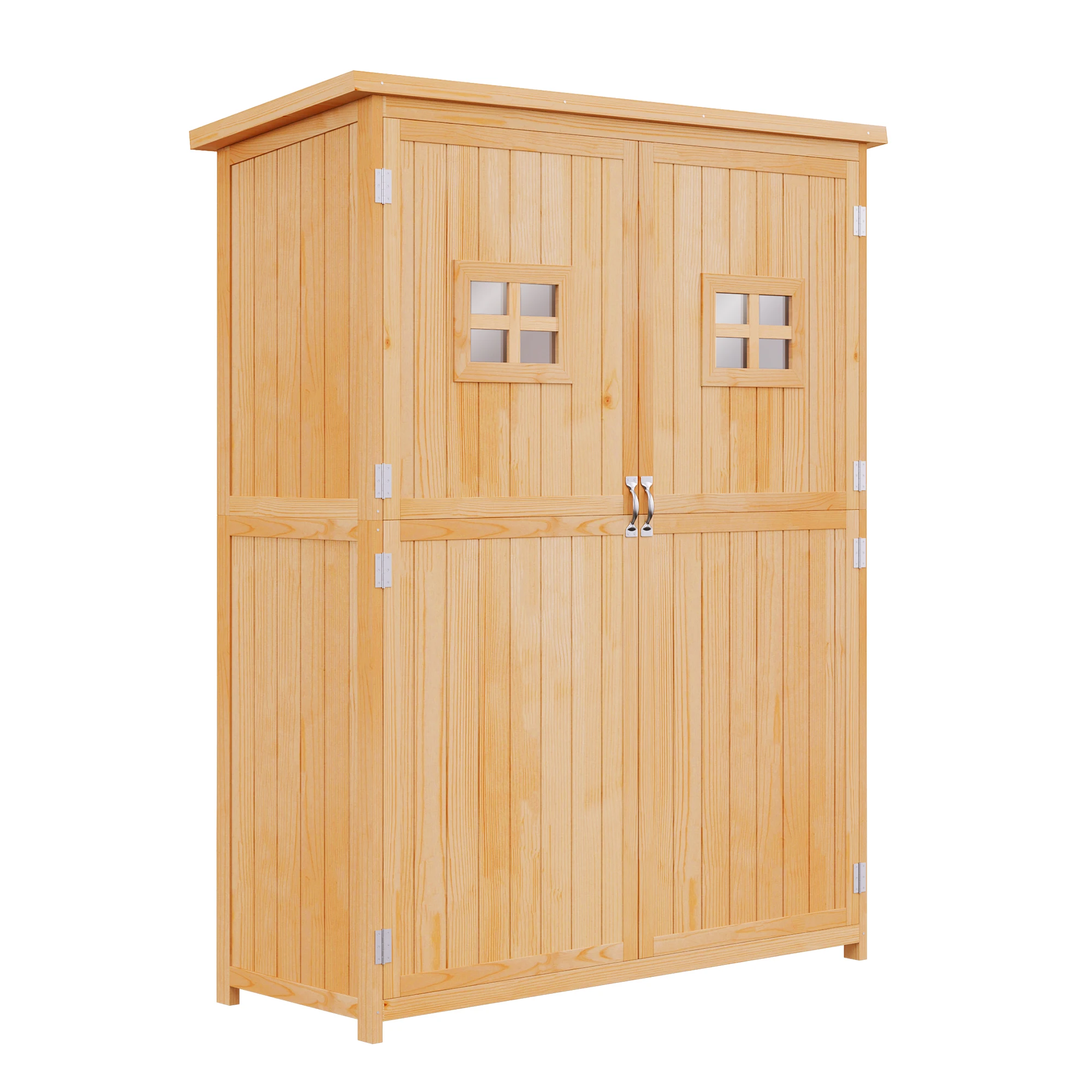 Zonnige tuinhuisje in drinkkastje in de tuin, dim. verlicht. 127,5l x 50l x 164H 2 planken 2 deuren 2 ramen waterdicht drankrek massief dak vooraf geolied drankrek natuurlijk grenen