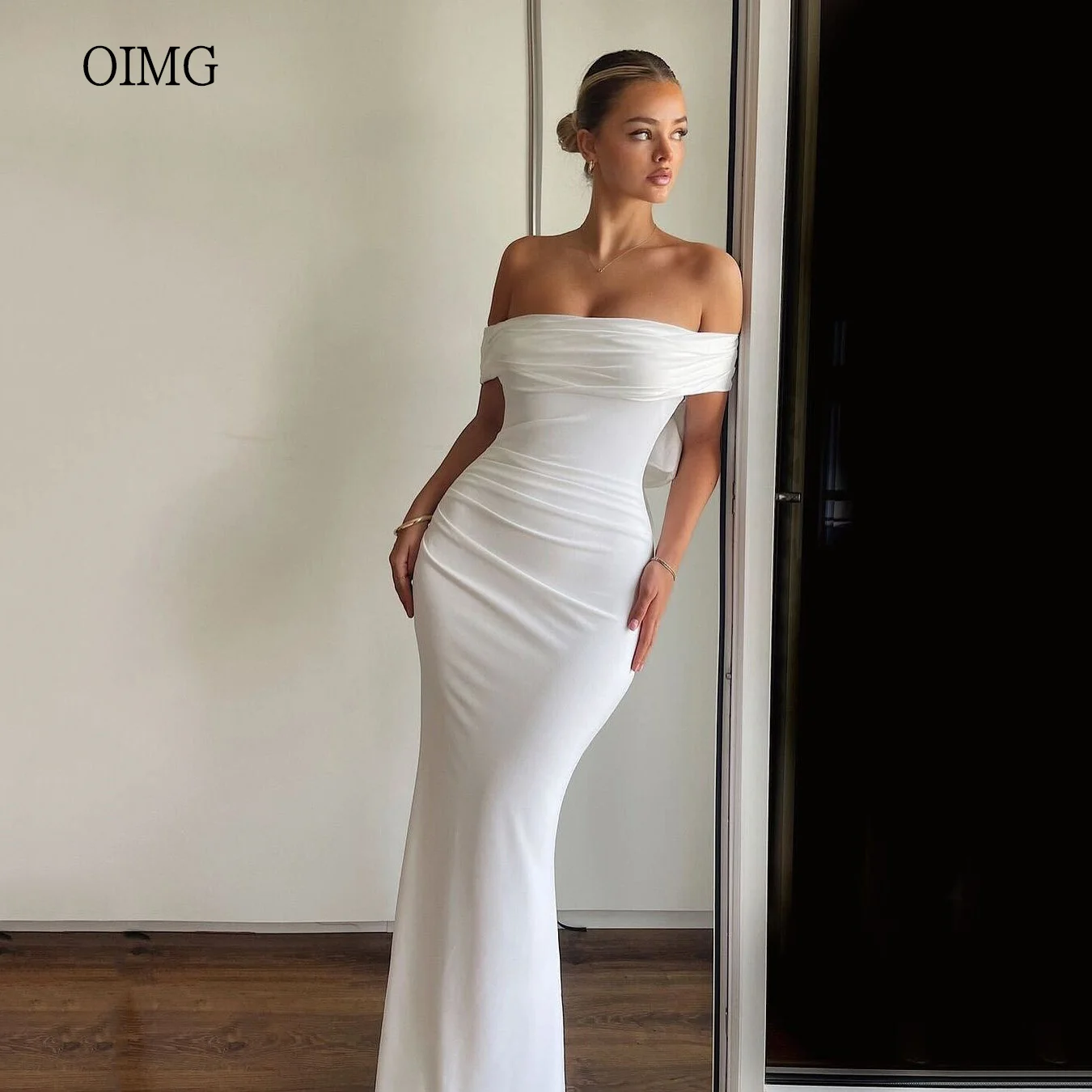 

OIMG Ivory Mermaid Wedding Dress Off The Shoulder Backless With Bow Bride Dresses Floor Length Wedding Gowns Customized