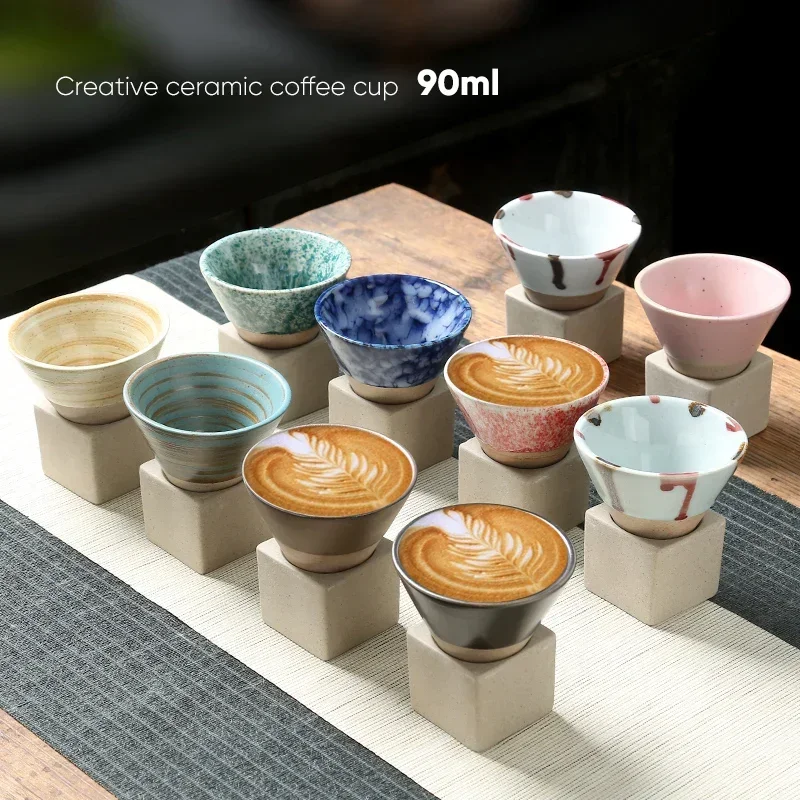 1pcs 90ml Creative Retro Ceramic Coffee Mug Rough Pottery Tea Cup Japanese Latte Pull Flower Porcelain Cup Pottery Coffee Cup