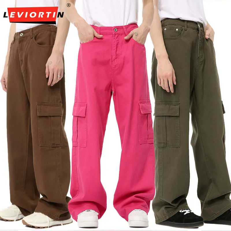 Men's VintageStreet Vibe Cargo Jeans Pants with Multi Pockets Fashion Loose Straight Leg Trousers for Men and Women Candy Color
